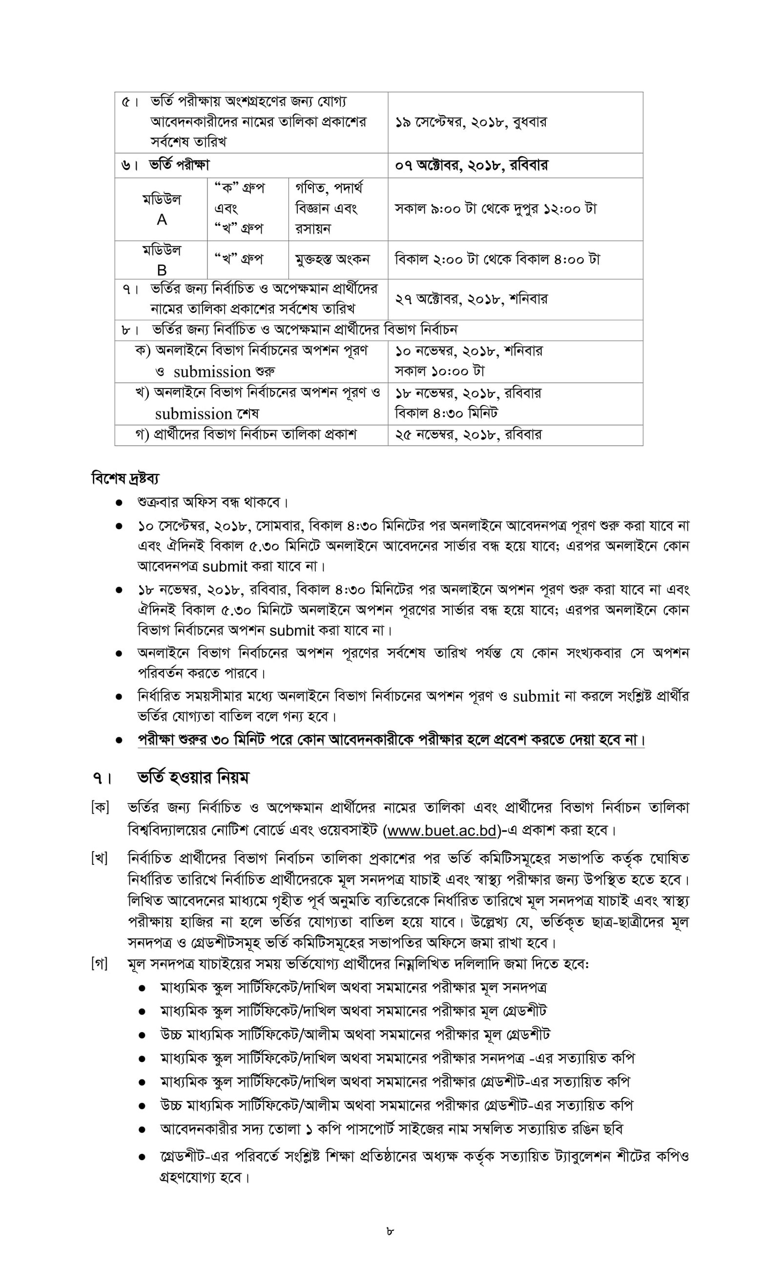 BUET Admission Test 2018-19 www.buet.ac.bd