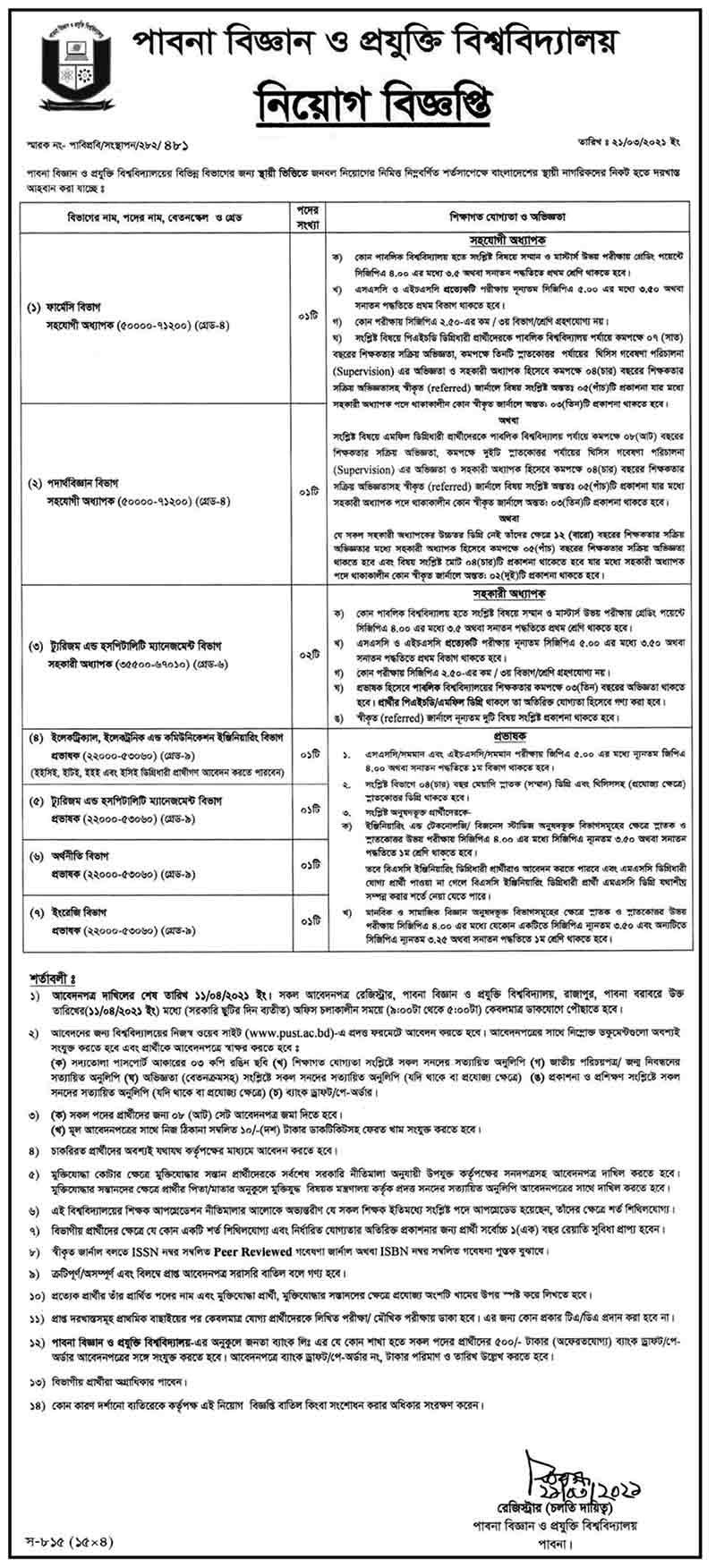 PUST Job Circular 2021